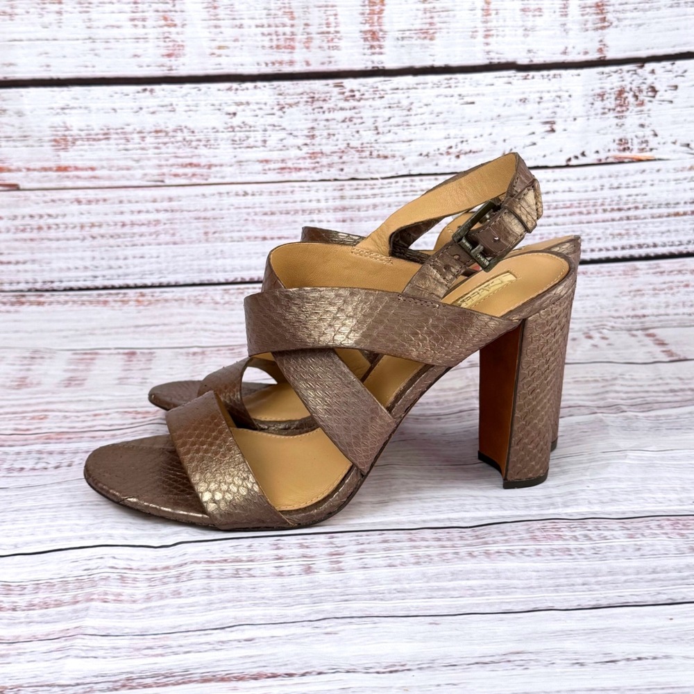 LRL Ralph Lauren Kaila Metallic Bronze Snakeskin Block Heel Sandals Womens 11B